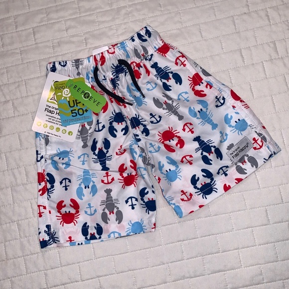 NWT Flap Happy Swim Trunks, Blue & Red Crab & Lobster Design, Boys Size 6M - Picture 1 of 10